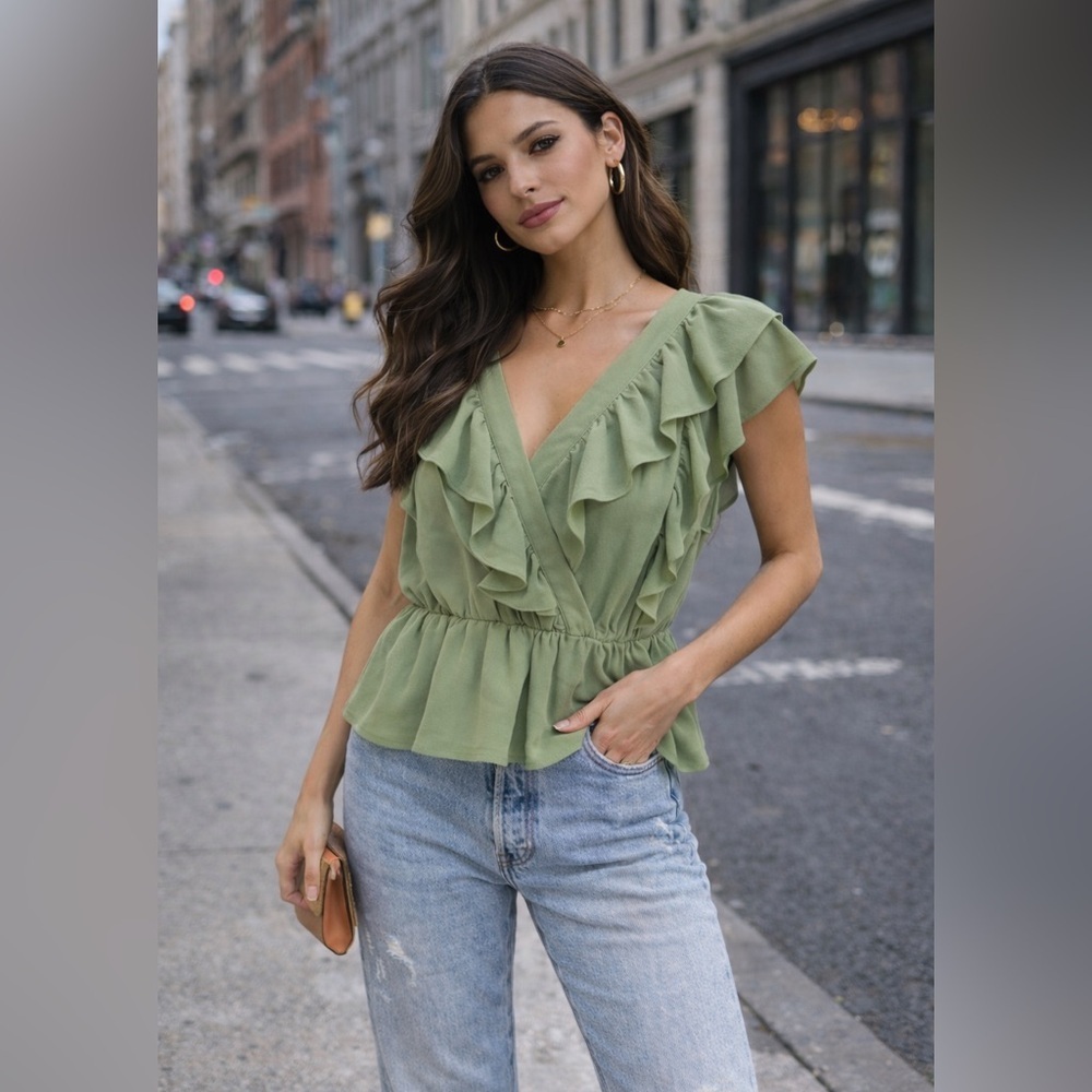 Green Ruffled V-Neck Top